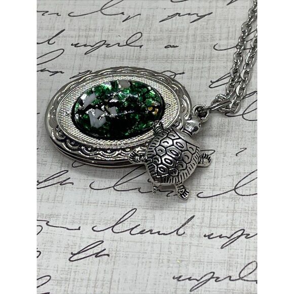 Green Turtle Opal Silver Nautical Beach Mermaid Photo Locket Necklace Valentines - Picture 9 of 16